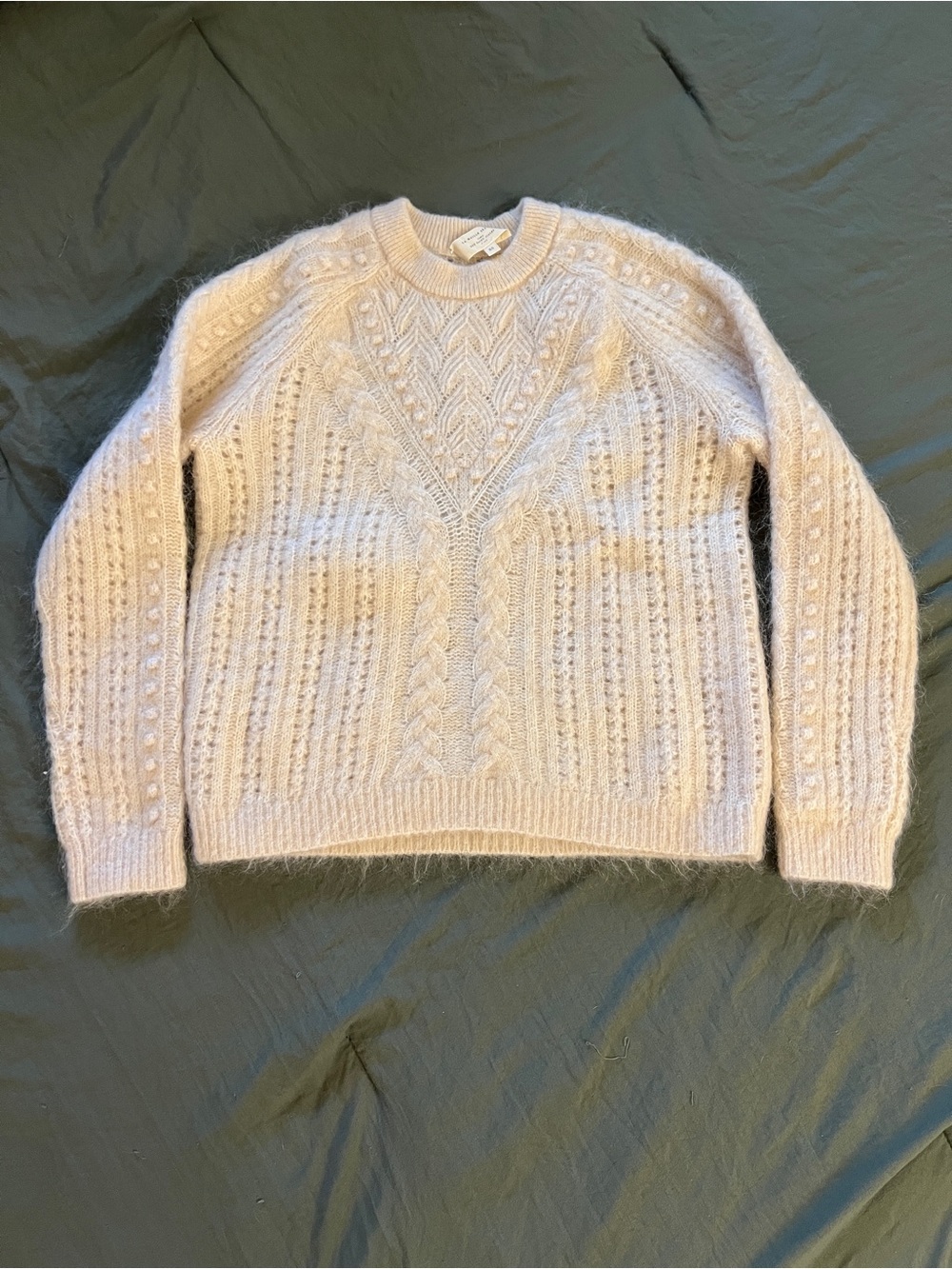 Sézane Cream Kid Mohair Wool Cable Knit Sweater XS Fisherman Ivory
